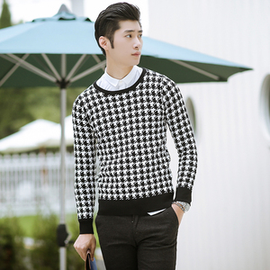 情侣装 衬衫,夹克 韩版休闲男士千鸟格针织双层加厚圆领毛衣 帅
