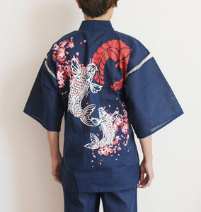 春夏日本纯棉男士甚平浴衣和服日式短袖睡衣家居服温泉汗蒸服鲤鱼