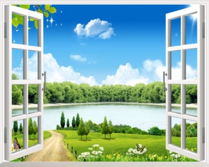 定做3D空间假窗墙贴风景装饰自粘贴画 环保绿地海景蓝天卧室防水