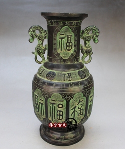 古玩铜器收藏摆件 仿古青铜器凤樽 古代花樽 居家装饰品 福字花瓶