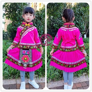 新款贝壳女童装云南民族服装羌族傈僳族女童套装玫红大红色两件套