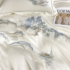 轻奢高级感100支天丝四件套刺绣山水画冰凉床Q上用品冰丝床罩床盖