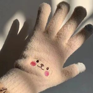 跨境新款手套冬季韩版ins少女五指笑脸触控屏幕可爱卡.通抗寒毛绒