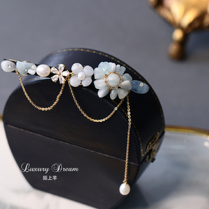 新品陌上芊 海蓝宝碎石珍珠发夹  时尚气质头饰夏季小清新发夹