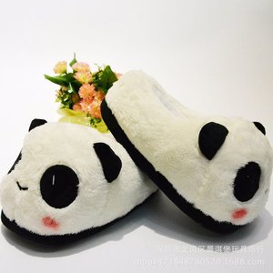 韩版卡通可爱熊猫毛绒包跟冬季保暖棉拖鞋女居家室内防滑厚底软底
