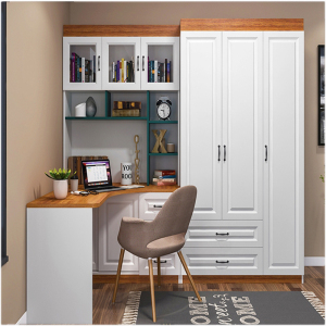 欧式现代简约儿童房学习桌电脑桌书桌书架转角高衣柜一体组合定制