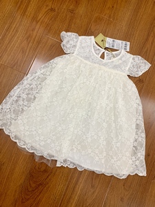 时尚小鱼品牌童装女童夏季贵族米白色蕾丝短装连衣裙