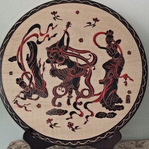 敦煌手工木雕画莫高窟壁画飞天夜市工艺品40厘米大盘装饰画