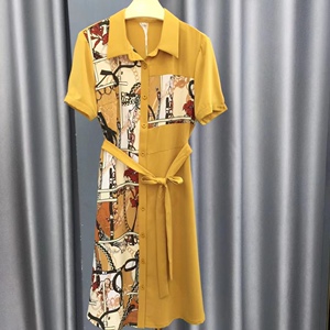 乐艾妮品牌女装2021夏季新款印花动物图案拼接短袖衬衣连衣裙中裙