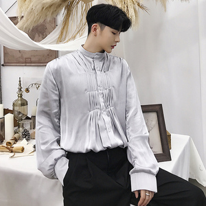 chic胸前压褶皱立领宽松长袖衬衫男灯笼袖宴会衬衣伴郎发型师夜店