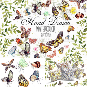 森系手绘水彩凤蝶粉蝶蝴蝶插画图纺织品平铺填充图案png免抠素材