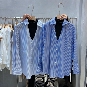 杜町2021秋冬韩国设计感拼接假两件高领条纹衬衫女ins港味上衣潮