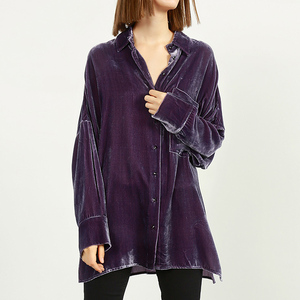 春秋真丝丝绒上衣复古简约金丝绒衬衫外套女气质垂感显瘦紫色衬衣