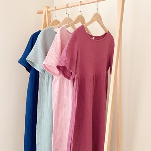 日系女士夏季纯棉纱布睡裙短袖水洗皱布裙子宽松大码家居裙可外穿