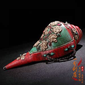 镶嵌宝石左旋法螺宝螺供奉台法器西藏供螺摆设一分利乡村古货铺