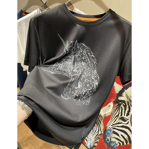 奢牌御用/嵿尖天丝织物 独角兽数码印花夏季薄款修身短袖t恤男