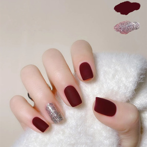 新款短款酒红色跳色美甲成品 假指甲贴片 显白穿戴式磨砂甲片孕妇