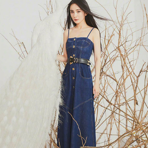 calbou kimct热巴杨幂明星同款蓝色吊带牛仔裙女夏季连衣裙背带裙