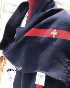 gucci 古驰 金色小蜜蜂刺绣 织带羊毛围巾 藏蓝/暗黑