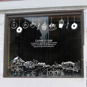 咖啡村庄 咖啡馆西餐厅蛋糕房奶茶甜品店 大型橱窗玻璃贴墙贴画纸