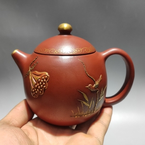 文革时期老紫砂壶老紫砂龙蛋茶壶 彩绘描金老茶具 老货旧货老物件
