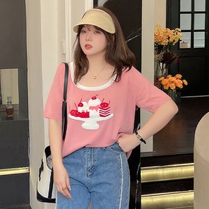 大码苹果型胖mm显瘦穿搭草莓蛋糕粉色薄款休闲夏季针织衫上衣t恤