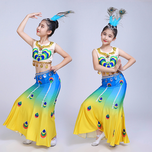 傣族舞蹈演出服女艺考练习裙孔雀鱼练功舞裙渐变成人儿童表演服装