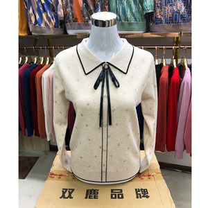 专柜正品双鹿100%纯羊毛衫女宽松翻领长袖毛衣韩版上衣秋冬羊绒衫