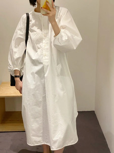 英国 COS23夏季新款时尚女装白色圆领泡泡袖中长款全棉衬衫式长衫