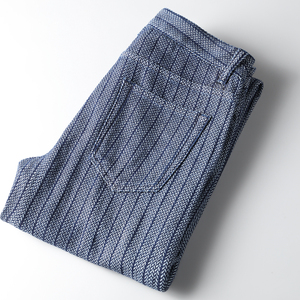 高端春秋季定织舒适柔软编织竖条纹牛仔面料男士百搭直筒修身裤子