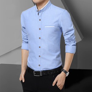 男士衬衫初秋季长袖小立领无领圆领直领衫衫改良中式韩版修身衬衣