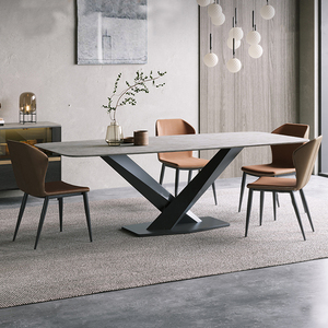 意式岩板餐桌椅组合交叉脚现代简约哑光时尚小户型长方形吃饭桌子