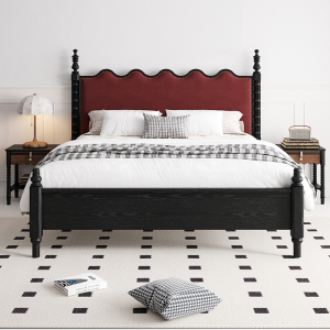 中古风复古实木床主卧大床红橡木法式软包波浪美式1.8米双人婚床