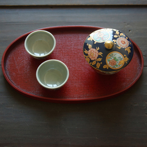 sus daily|出口日本余单红色木质椭圆手工漆器茶盘复古茶席美物