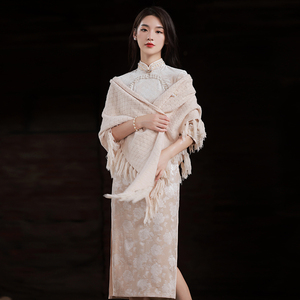 rsemnia旗袍披肩外套2021复古民国风三角形流苏斗篷外搭开衫披巾