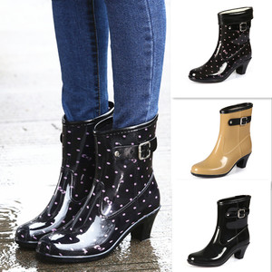 包邮春夏新款雨鞋女防水高跟雨靴防滑玻跟水靴中筒时尚水鞋可加绒