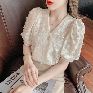 蕾丝雪纺衫女珍珠V领夏季韩版开衫洋气百搭气质泡泡短袖打底上衣