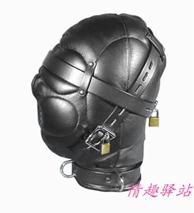 成人情趣用品 真皮全封闭带锁头套 眼罩 口塞 头套专卖sm情趣用品