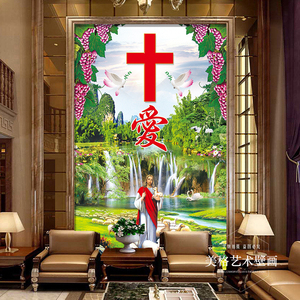 耶稣画像墙纸贴画客厅背景墙装饰壁画天主教基督徒十字架玄关挂画