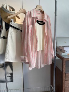 粉色休闲条纹天丝防晒衬衫女2024新款夏季小个子开衫外搭薄款上衣