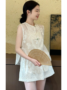 新中式女装国风气质轻奢高级感白色盘扣马甲上衣短裤两件套装夏季