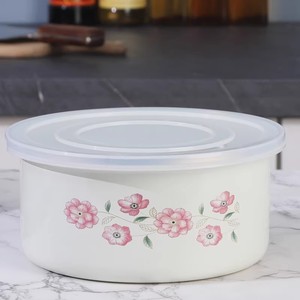 欧丽家搪瓷中式珐琅带盖碗厚实搪瓷冷藏密封碗保鲜碗冰箱碗花卉图