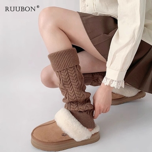 日本代购RUUBON羊毛袜套女秋冬款腿套加厚小腿子雪地靴白色堆堆袜
