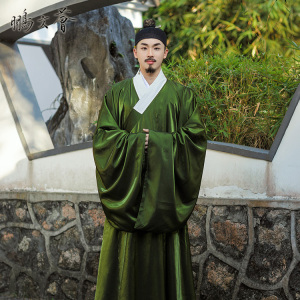 清仓原创汉服绿色明制垂感男装道袍天丝棉缎现货