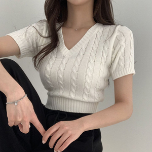 韩国chic法式气质V领套头麻花修身短款针织衫高级感短袖上衣女夏