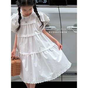 韩国童装小飞袖女童连衣裙2024新款女孩短袖儿童夏装蛋糕公主裙子