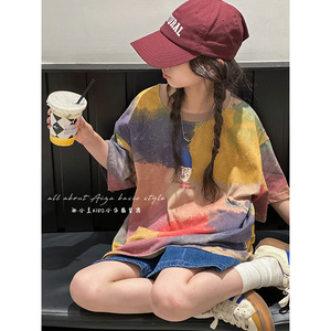 多彩扎染原创设计女童T恤2024夏装新款儿童短袖上衣时髦韩国童装
