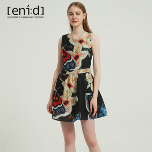 enid夏季新品桑蚕丝大印花复古收腰真丝亚麻连衣裙eb28619jm