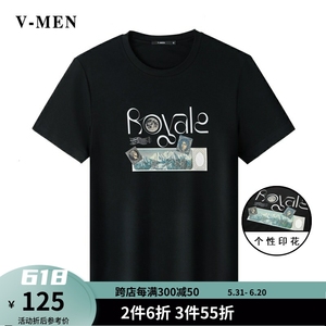 VMEN威曼男装圆领新款休闲短袖T恤个性印花黑色修身上衣VT012