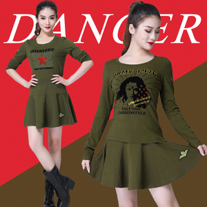 水兵舞服装女上衣长袖t恤新款军绿色纯棉春季水兵服广场舞演出服